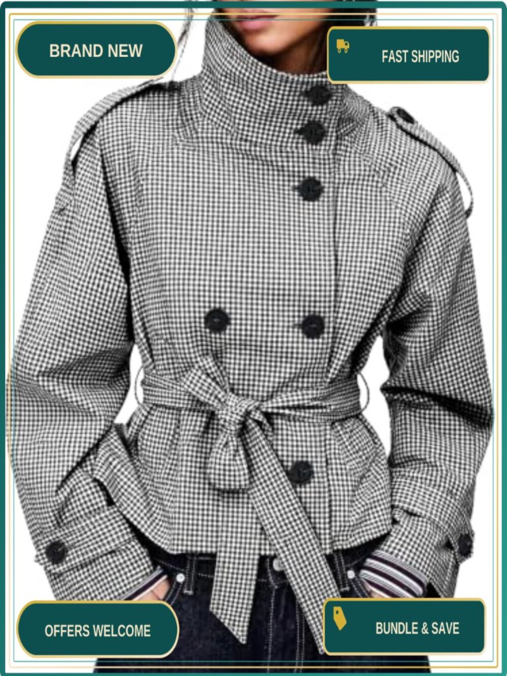 Women's Cropped Trench Coat Gingham Double Breasted Belted